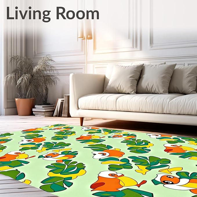 Flatwoven High Traffic Area Rug 4x6, Playful Duckling Adventure with Interlocking Leaf Design, Non Slip, Stain Resistant, Washable Area Rugs for Living Room, Bedroom (Green, 4x6)