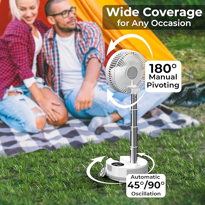 Portable Travel Fan, Foldable Standing Fan for Bedroom, 112H Run & 9 Speeds, Rechargeable Fan With Timer & Remote, Collapsible Oscillating Fan for Travel Cruise Essential Home RV Outdoor Power Outage