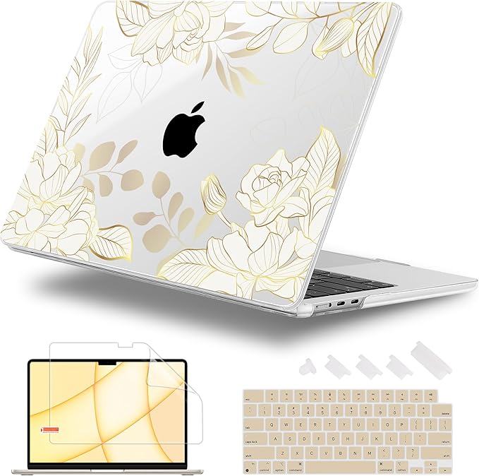 Lepeoac Case for 2026/2025/2024/2023 MacBook Air 15-inch Laptop Release M5 A3448 /M4 A3241 /M3 A3114 /M2 A2941, Stylish Protective Hard Shell Cover for MacBook Air 15.3 inch - Gold Rose Flowers