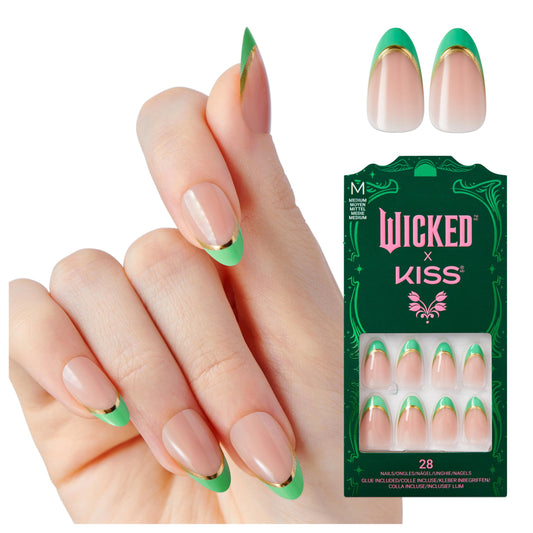 WICKED X KISS Press On Nails Almond, ‘Thrillifying!’, Green, Medium, Waterproof, Chip Proof, Smudge Proof, 28 Fake Nails, Pink Gel Nail Glue (2g), Mini Nail File, & Manicure Stick