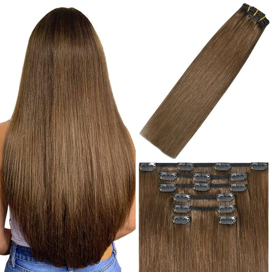 WindTouch Clip in Hair Extensions Light Brown Hair Extensions 12Inch 75g 7PCS Human Hair Clip in Extensions #6 Chestnut Brown Extensions for Women