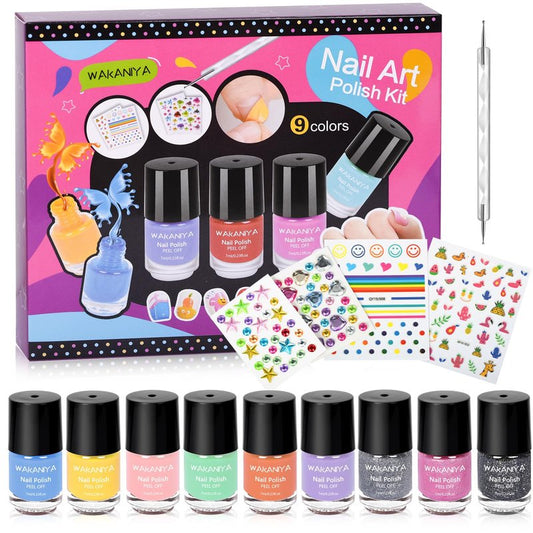 Quick Dry Kids Nail Polish Set for Girls, Non-Toxic Toddler Water-Based Nail Polish Kit with Gems Stickers 9 Colors Peelable Fingernail Set for Ages 3+