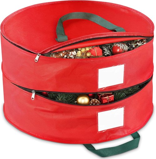 BlessedSeason Wreath Storage Container - Protect 2 Holiday Wreaths with Dual Zipper & Handles | 24” Red