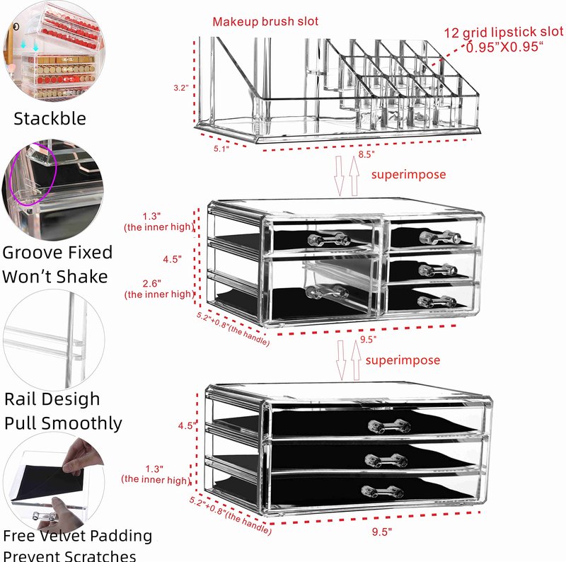 Cq acrylic Clear Makeup Organizer And Storage Stackable Large Skin Care Cosmetic Display Case With 8 Drawers Make up Stands For Jewelry Hair Accessories Beauty Skincare Product Organizing,Set of 3