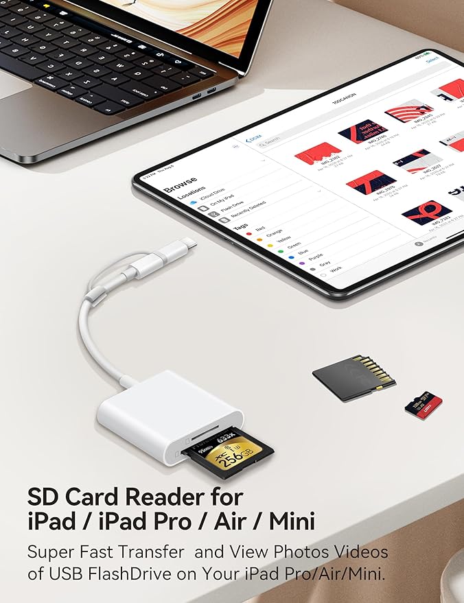 BnmxTek SD Card Reader for iPhone, SD Card Adapter with Lightening & USBC Dual-Connector for iPhone 5-14, USB-C iPhone 15, iPad, Mac or MacBook, Supports SD MicroSD Trail Camera Viewer, Plug and Play