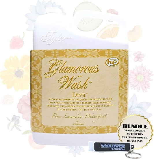 Worldwide Nutrition Bundle Compatible with Tyler Candle Company Glamorous Wash Diva Laundry Liquid Detergent - Hand and Machine Washable Diva Laundry Detergent - 3.78L (1Gallon) Detergent w/Keychain