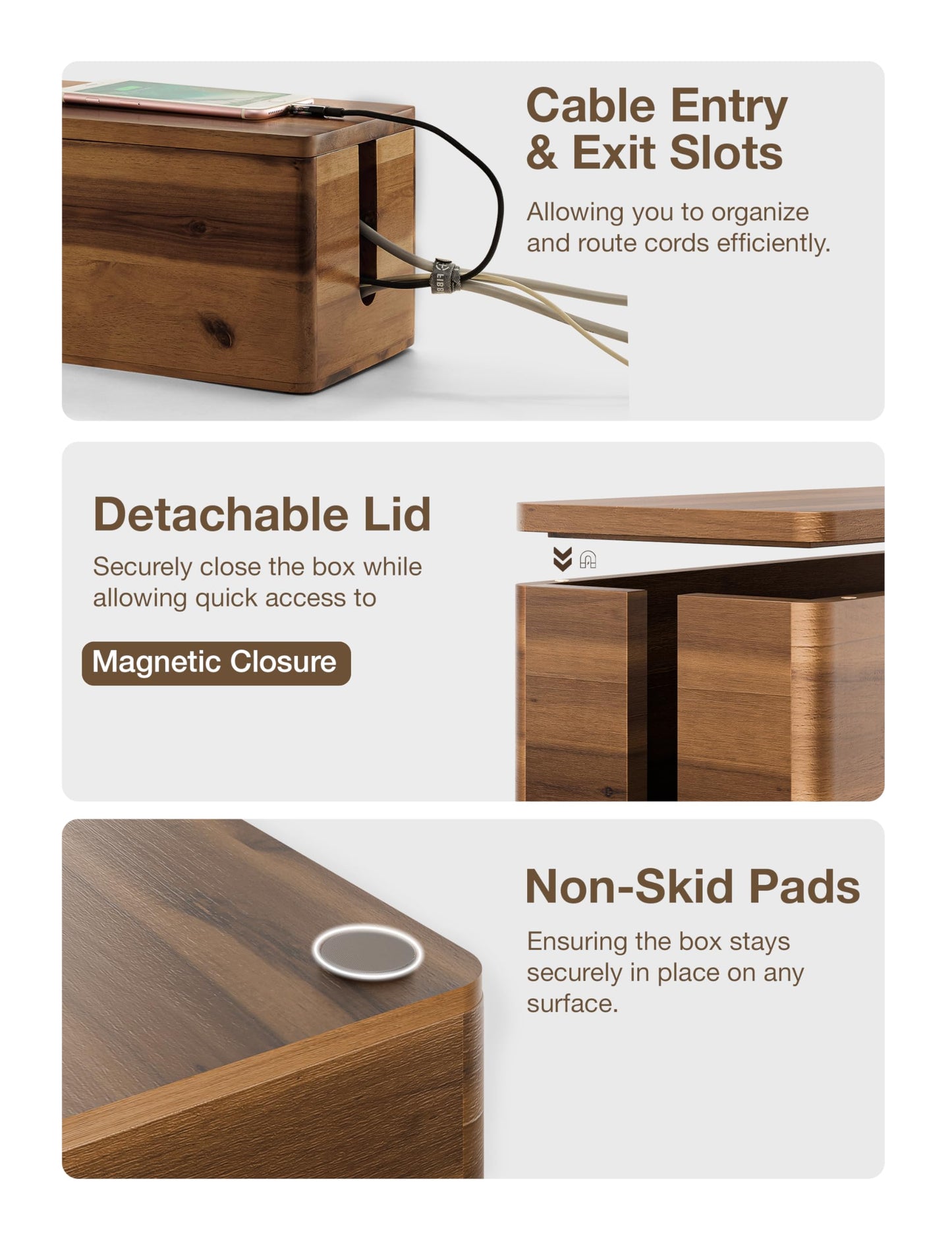 TIDITA Acacia Wood Large Cable Management Box Round Edge - 16" L Wooden Power Strip Box, Surge Protector Box - Cable Hider Box for Office, Living Room - 2 Open Slots, Magnetic Lid (Walnut Color)