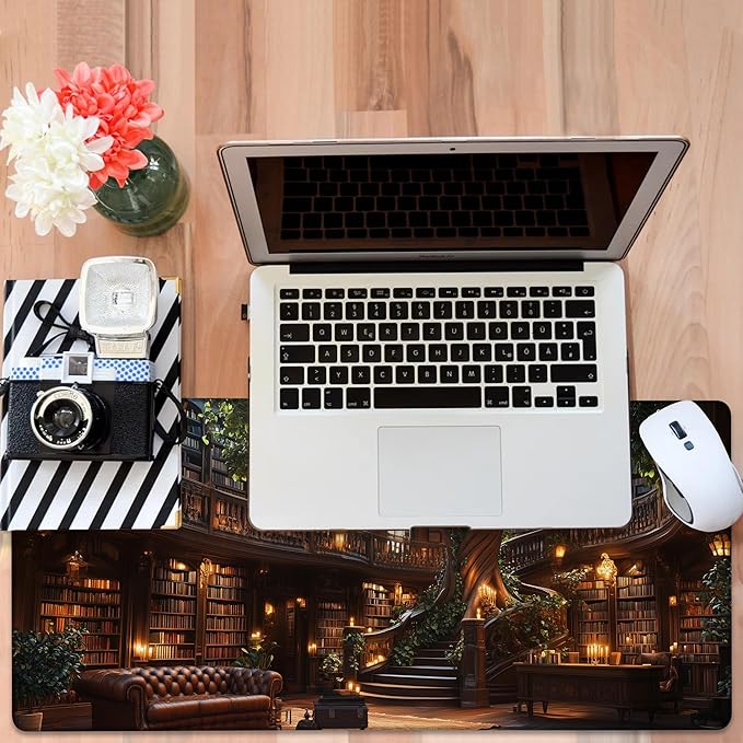 NITAHHHY Large Mouse Pad Old Library Gaming Desk Pad Computer Keyboard Non-Slip Waterproof Mouse Mat with Rubber Base and Stitched Edges Entertainment Office Writing Desk Mat 35.4 x 15.7 Inches