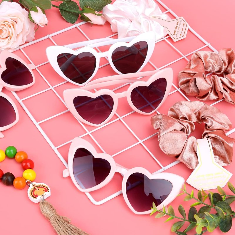 Bridesmaid Scrunchies Set - 12 Hair Claw Clips & Heart Sunglasses | Wedding & Bachelorette Party Favors (Champagne)