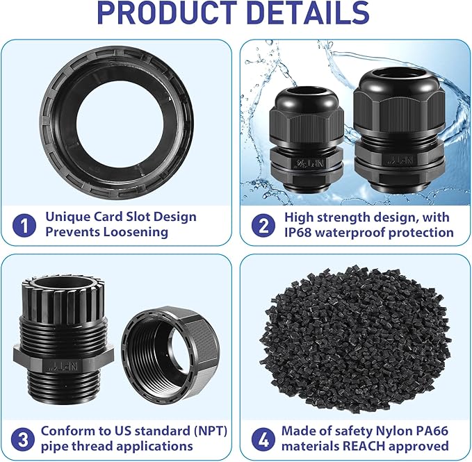 RTHIEAI 50 PCS 1/2"(6-12.5mm) NPT Nylon Cable Gland Joints with Gaskets, IP68 Adjustable Lock Nut Strain Relief Cord Grip Waterproof Cable Glands - UL Listed and RoHS Compliant