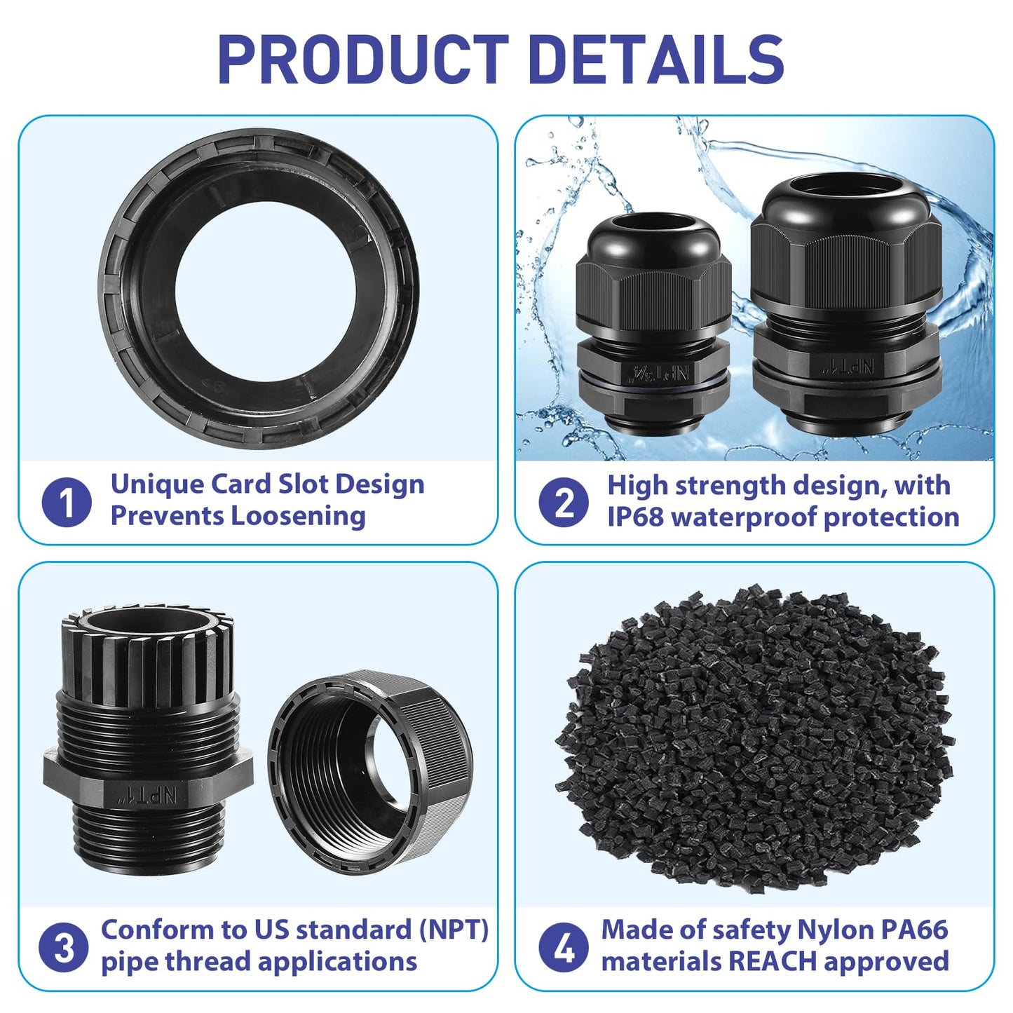RTHIEAI 50 PCS 1/2"(6-12.5mm) NPT Nylon Cable Gland Joints with Gaskets, IP68 Adjustable Lock Nut Strain Relief Cord Grip Waterproof Cable Glands - UL Listed and RoHS Compliant