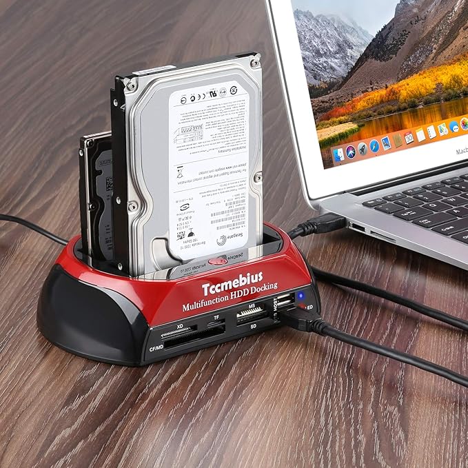 Tccmebius Hard Drive Docking Station, TCC-S862-US USB 2.0 to 2.5 3.5 Inch SATA IDE Dual Slots External Enclosure with All in 1 Card Reader and USB 2.0 Hub for 2.5" 3.5" IDE SATA I/II/III HDD SSD