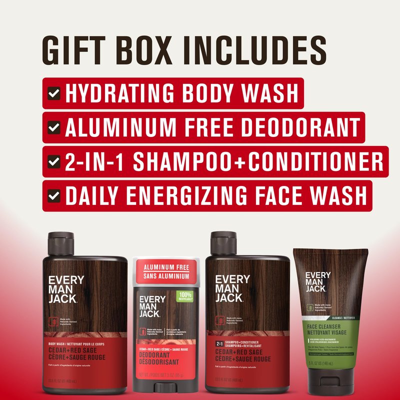 Every Man Jack Men's Bath and Body Gift Set - Cedar & Red Sage Scent - Clean Ingredients - Includes Hydrating Body Wash, 2-in-1 Shampoo, Aluminum-free Deodorant & Face Wash