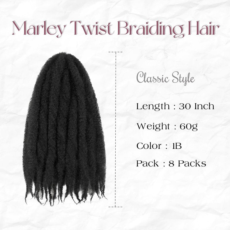 Marley Twist Braiding Hair 8 Packs Marley Twist Hair Cuban Twist Hair 24 Inch Afro Kinky Curly Twist Crochet Hair Cuban Twist Soft and Natural Hair 1B Black (1B, 30inch)