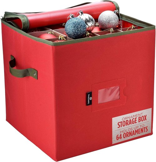 Handy Laundry Christmas Ornament Storage | Holds Up to 64 Ornaments, Adjustable Dividers & Zippered Top - Red