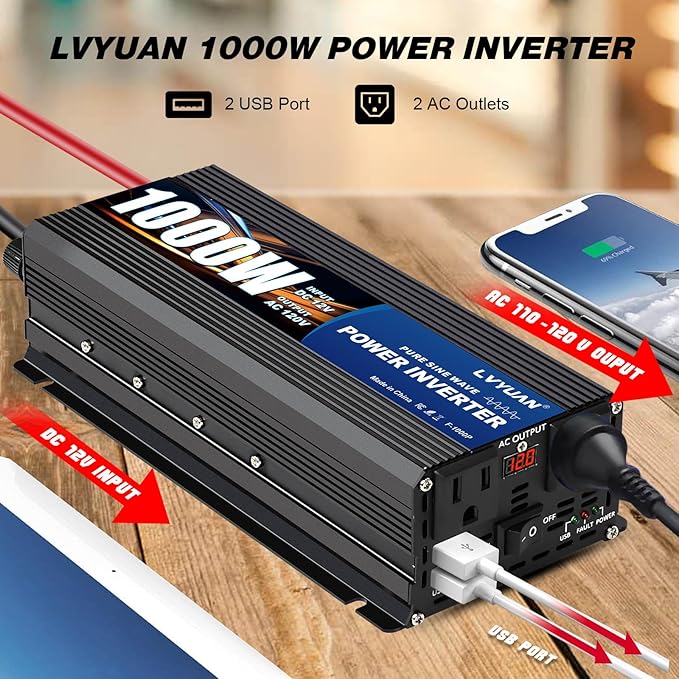 LVYUAN 1000W Pure Sine Wave Inverter 12V DC to 110V/120V AC, 2000W Peak Car Power Inverter with Dual AC Outlets, Dual USB Ports & LED Display for RV, Truck, Solar, Camping, Home Backup