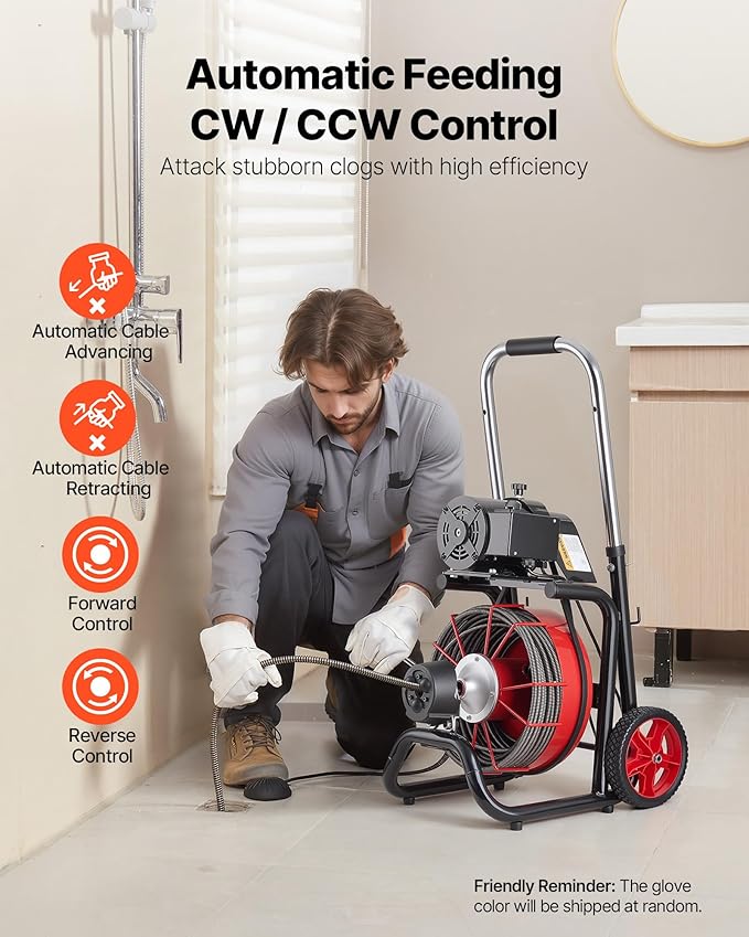 VEVOR Drain Cleaner Machine 100 FT x 3/8 Inch, Auto Feed Sewer Snake Auger on Wheels - with 8 Cutters & Air-Activated Foot Switch for 2" to 4" Pipes