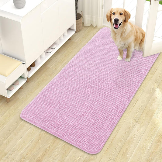 OLANLY Dog Door Mat - Absorbent Non-Slip Chenille Mat for Muddy Paws | 44x24, Quick Dry, Pink