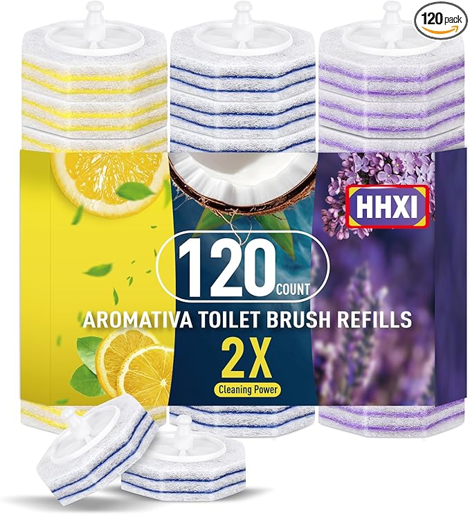 120Ct Aromative Toilet Brush Refills, Toilet Bowl Cleaner Refills, Double-Layer Cleaning Pads Added, Disposable Refill Heads for Toilet Bowl Cleaner Wands，Lemon, Blue Ocean, Lavender （Patented）