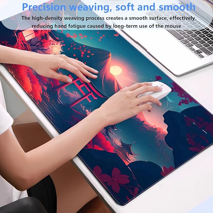 Cindasun Japanese Anime Mouse Pad - Pink Sakura & Full Moon Design Gaming Desk Mat, XL Large (31.5"x15.7") Keyboard Pad for PC Laptop Office Decor
