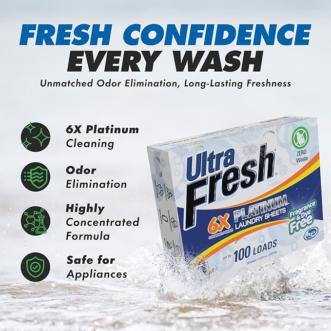 Ultra Fresh Platinum 3 Pack Laundry Soap Detergent Sheets, Ultra Concentrated, Stain Fighting, Fragrance & Dye Free, 300 Loads
