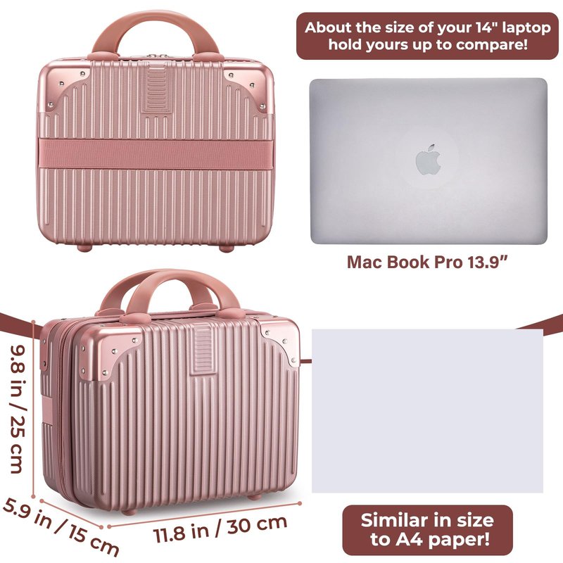 Noverlife 14 Inch Portable Makeup Travel Case Hand Luggage, Pressure-proof ABS Carrying Makeup Case Suitcase with Elastic Band, Small Hard Shell Cosmetic Case for Travel Camping Women Girl - Rose Gold