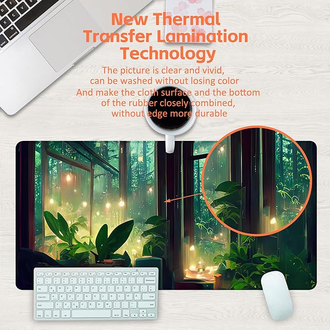 KOAIWPAE Desk Mat, Window View of Forest Desk Pad, Green Atmosphere Large Gaming Mouse Pad for Desk, 31.5"x15.7" Extended Big Computer Keyboard Mouse Pad with Non-Slip Base and Stitched Edge