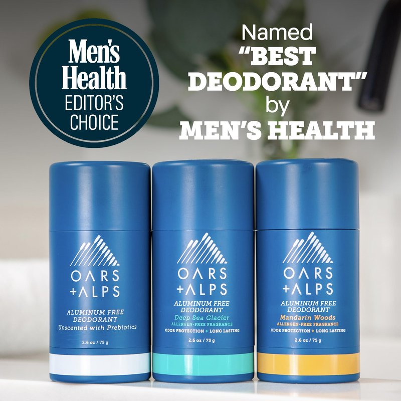 Oars + Alps Aluminum Free Deodorant for Men | Long Lasting Odor Protection, Clear & Free of White Residue, Anti-Chafing Smooth Glide, Dermatologist Tested, Allergen-Free Variety Pack, 3pk, 2.6oz