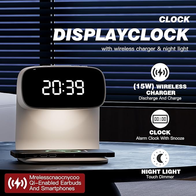 YIDPU Digital Alarm Clock with Wireless Fast Charging Station 15W Touch Smart Lamp for Bedside,3 Colors Nightlight Adjustment Night Lamp for Living Room,Bedside,Heavy Sleepers (White+Cable&Adapter)