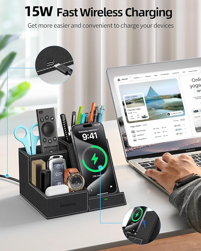 Investme Wireless Charger with Desk Organizer, Pen Pencil Holder, Multifunctional Desktop Organizer, Office Supplies and Desk Accessories Organizer with 3 Compartments and 1 Phone Stand