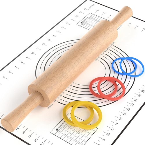 Classic Wooden Rolling Pin - 17" Beechwood with Handle & Pastry Mat | Ideal for Baking Pies, Cookies, & Pizza