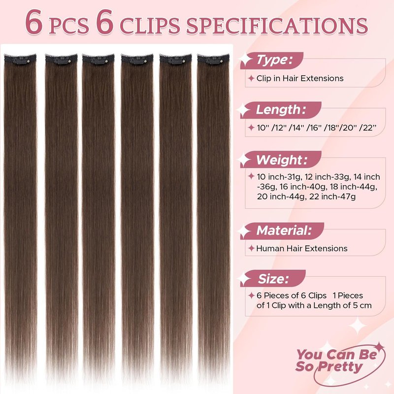 Clip-In Hair Extensions - Real Human Hair, 12 Inch, Dark Brown, Straight | Add Volume & Length for Daily Wear