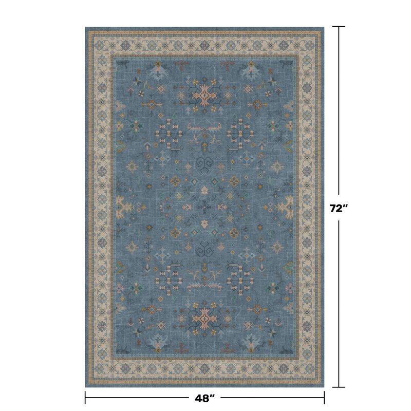 Washable 4x6 Small Rug for Living Room, Area Rug for Kitchen, Bedside, Large Entryway Indoor - Stain Resistant Non Slip with Rubber Backing, Unique Floral Aethestic Décor, Light Blue & Aqua