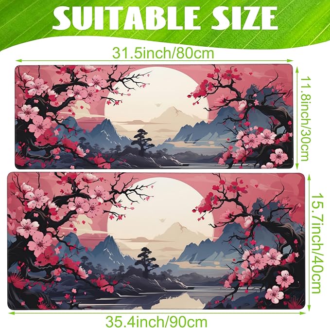 Eflxamz Pink Cherry Blossom Tree Desk Pad, Mountains and Sun Large Gaming Mouse Mat, Extended Big Computer Keyboard Pad With Non-Slip Base and Stitched Edge, 31.5"x11.8"