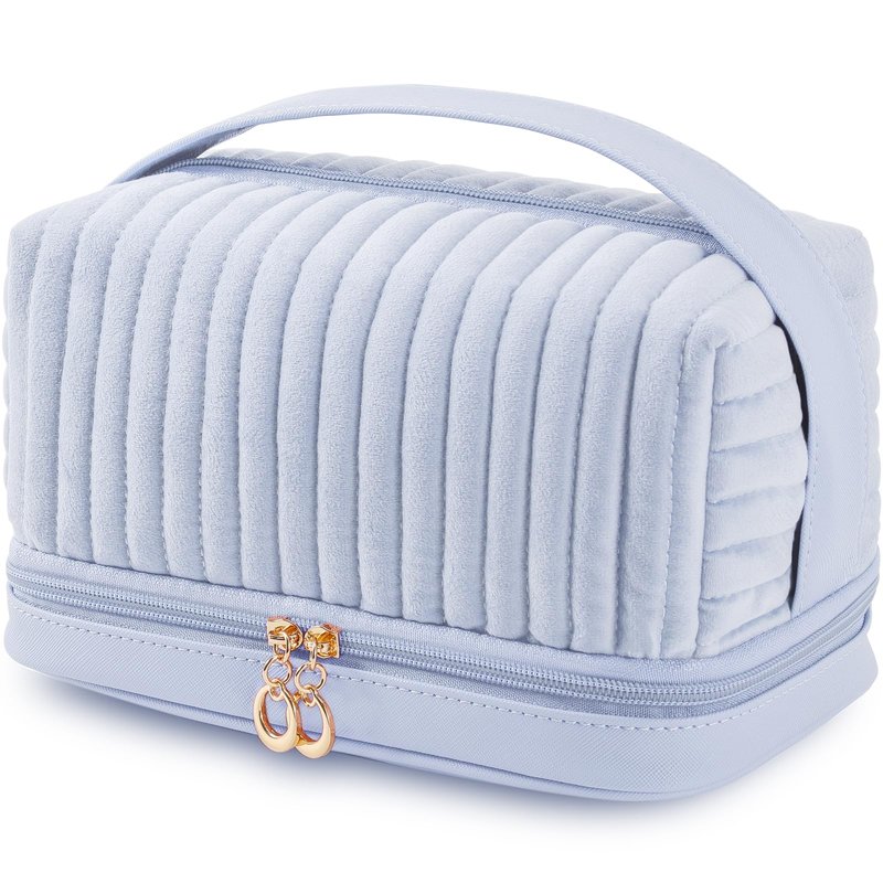 SEAMOON Large Travel Leather&Quilted Makeup Cosmetic Bag Organizer Case with Compartments Cosmetiquera Toiletry Bag(Blue)