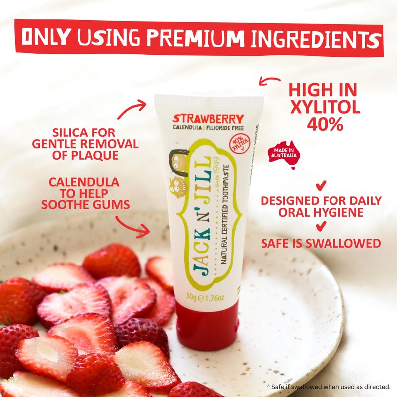 Jack N' Jill Natural Children's Toothpaste, Organic Strawberry, Gluten Free, Vegan, BPA Free, Fluoride Free, SLS Free, Dairy Free - Make Toothbrushing Fun for Kids - Pack of 6