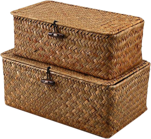 Skiennix Storage Baskets - 2 PCS Woven Seagrass Baskets with Lid for Stylish Organization | 10x6x4 & 9x5x3 Inches