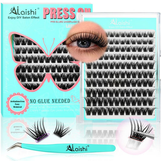 AILAISHI No Glue Needed Lashes, Self Adhesive Eyelashes, DIY Lash Cluster Extensions Kit 10‑18mm,120pcs Fluffy D Curl Soft Natural Lashes with Tweezers–Fake Cat Eye Wispy Individual Clusters 1-5-L