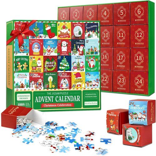 Advent Calendar 2024 | Kids Jigsaw Puzzle - 1008-Piece Christmas Countdown with 24 Cute Patterns, 27.6x19.7 In