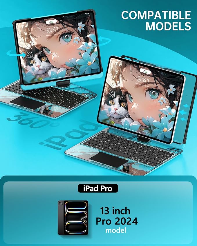 Intermerge Transparent Keyboard Case for iPad Pro 13"(M5,2025/ M4,2024), 360° Swivel Multi-Touch Trackpad, 7-Color RGB Backlit, Pencil Holder, Type-C, Power Indicator, Aqua Pulse