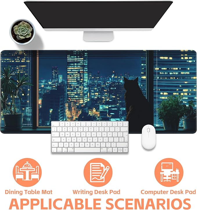 NIYLYNSYN Mouse Pad Large Black Cat Non-Slip Gaming Desk Mat with Stitched Edge Laptop Keyboard Desk Pad for Work Home Gaming (35.4 x 15.7 Inches)