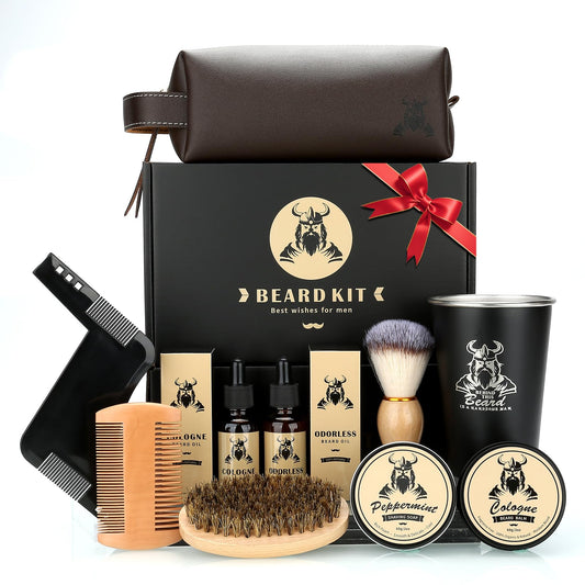 Beard Kit Gifts for Men, Father's Day Birthday Gifts for Men Dad Him, Grooming & Trimming Tool Complete Set, Beard Care Kit with 2 Beard Growth Oil/Balm/Brush/Comb/Shaving Soap/Cup&Storage Bag