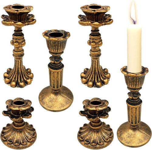 GEMLORD Vintage Candlestick Holders - 6 Pcs Antique Bronze Resin Taper Holders for Weddings & Home Decor