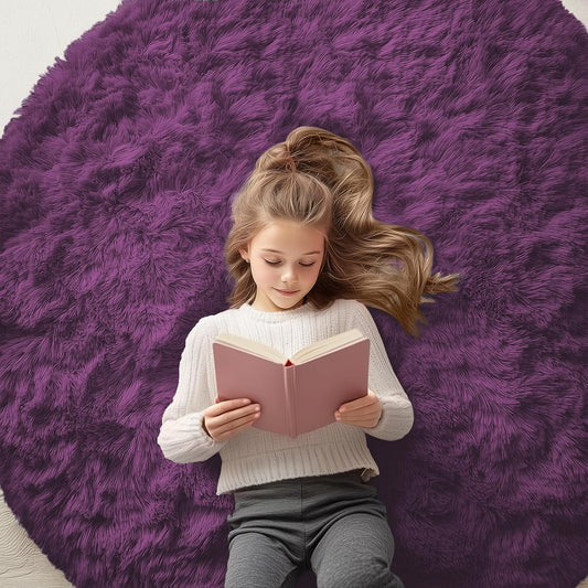 OLANLY Dark Purple Round Rug - Soft, Fluffy Shaggy Carpet | 5 ft Machine Washable Area Rug for Bedroom & Living Room