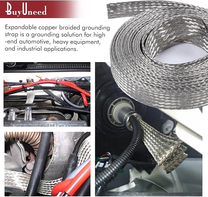 BuyUneed Tinned Copper Metal Braid Sleeving Wire Shielding Sleeve Braided Copper Ground Straps EMI/RFI Interference Expandable Flat Mesh Shielding Cable for Protect Wire (1/2inch-22ft)