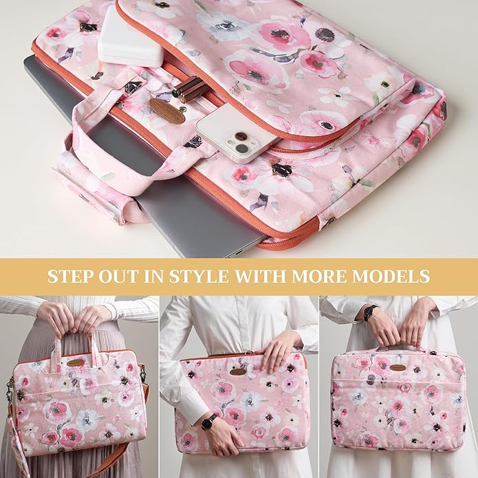 Maison d'Hermine Laptop Bag with Pocket Upto 15.5 inch Stain and Water Repellent Cotton Canvas Spring Summer (Romantic Poppy - Saumon)