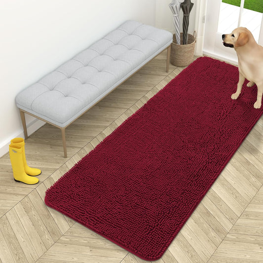 OLANLY Dog Door Mat - Absorbent Non-Slip Chenille Mat for Muddy Paws | 59x24 Inches, Burgundy