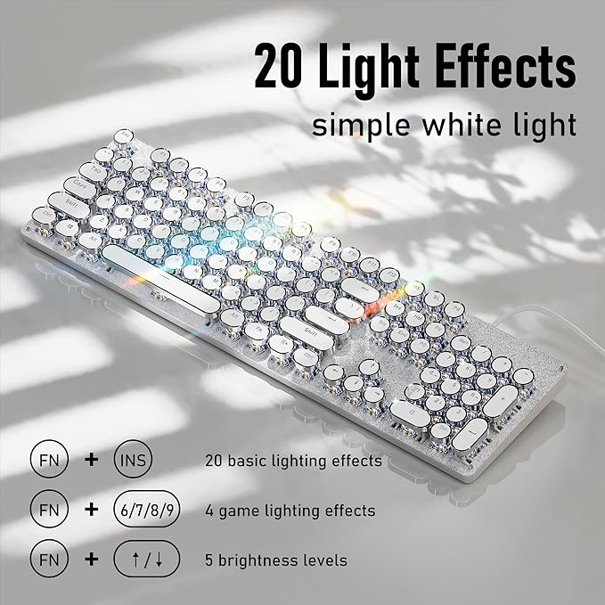 SEUNKWANG EWEADN TK100 Typewriter Style Wired Mechanical Keyboard, 104 Keys Aesthetic Typewriter Keyboard with White Backlit, Anti-Ghosting, Blue Switch Wired Cute Keyboards-White