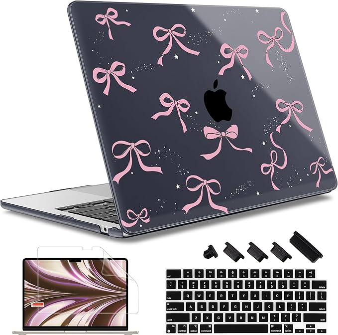 May Chen Case for MacBook Air 13/13.6 inch M5 A3449 M4 A3240 M3 A3113 M2 A2681, 2026 2025 2024-2022, Plastic Hard Shell with Keyboard Cover & Screec Protector, Crystal Black Bow