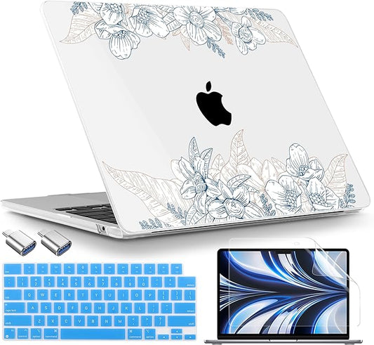TWOLSKOO for MacBook Air 13 inch Case M4 A3240 M3 A3113 M2 A2681 2025 2024 2022 Plastic Hard Shell, Keyboard Cover, Type C Adapter, Screen Protector for MacBook Air 13.6 inch, Engraved Sketch